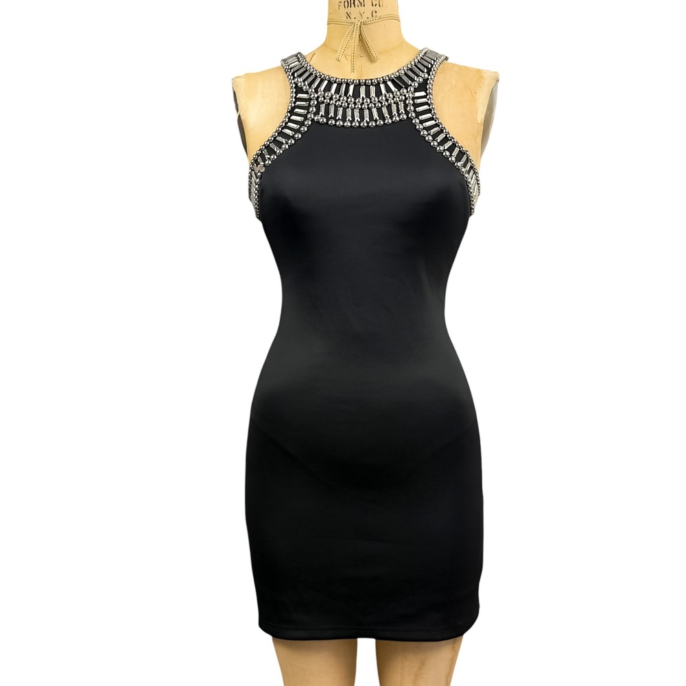 Arden B Beaded High Neck Bodycon Black Mini Dress Gothic 2000s Night Out Glam S